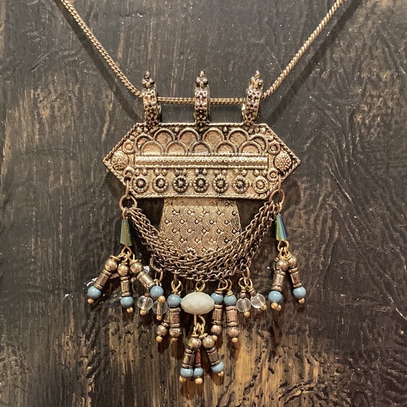Earth Bound Tribal like necklace, Copper & Gold tone metals blue & gray beads - Picture 1 of 5